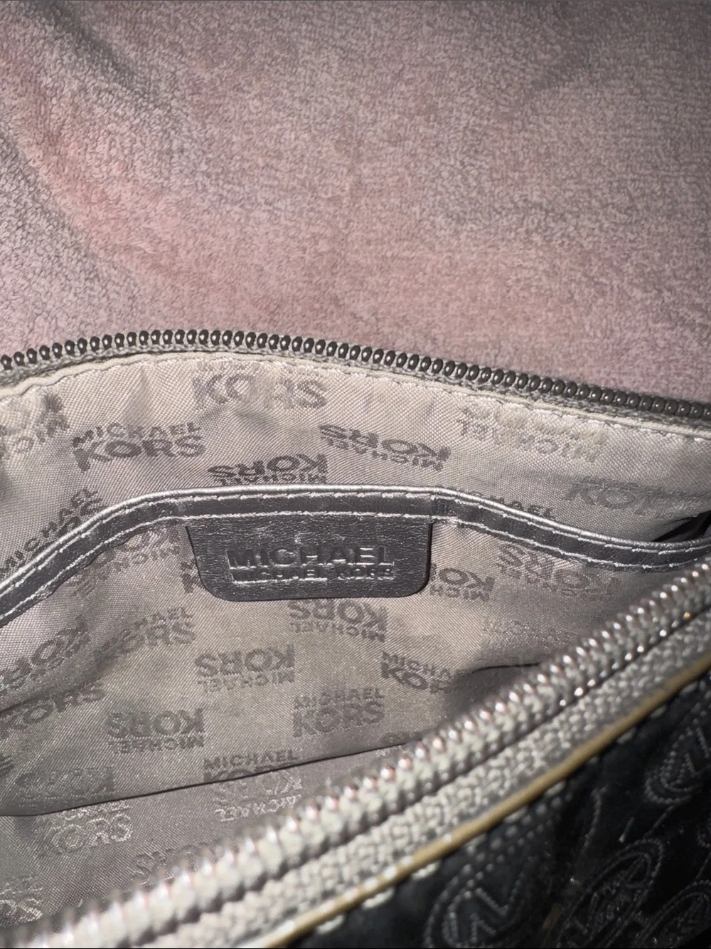 Michael Kors Metallic Gunmetal MK Logo Zip Wallet AND cosmetic bag.
